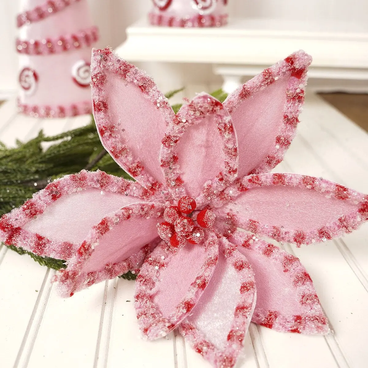22" Pink & Red Snow Glitter Candy Poinsettia Stem 2