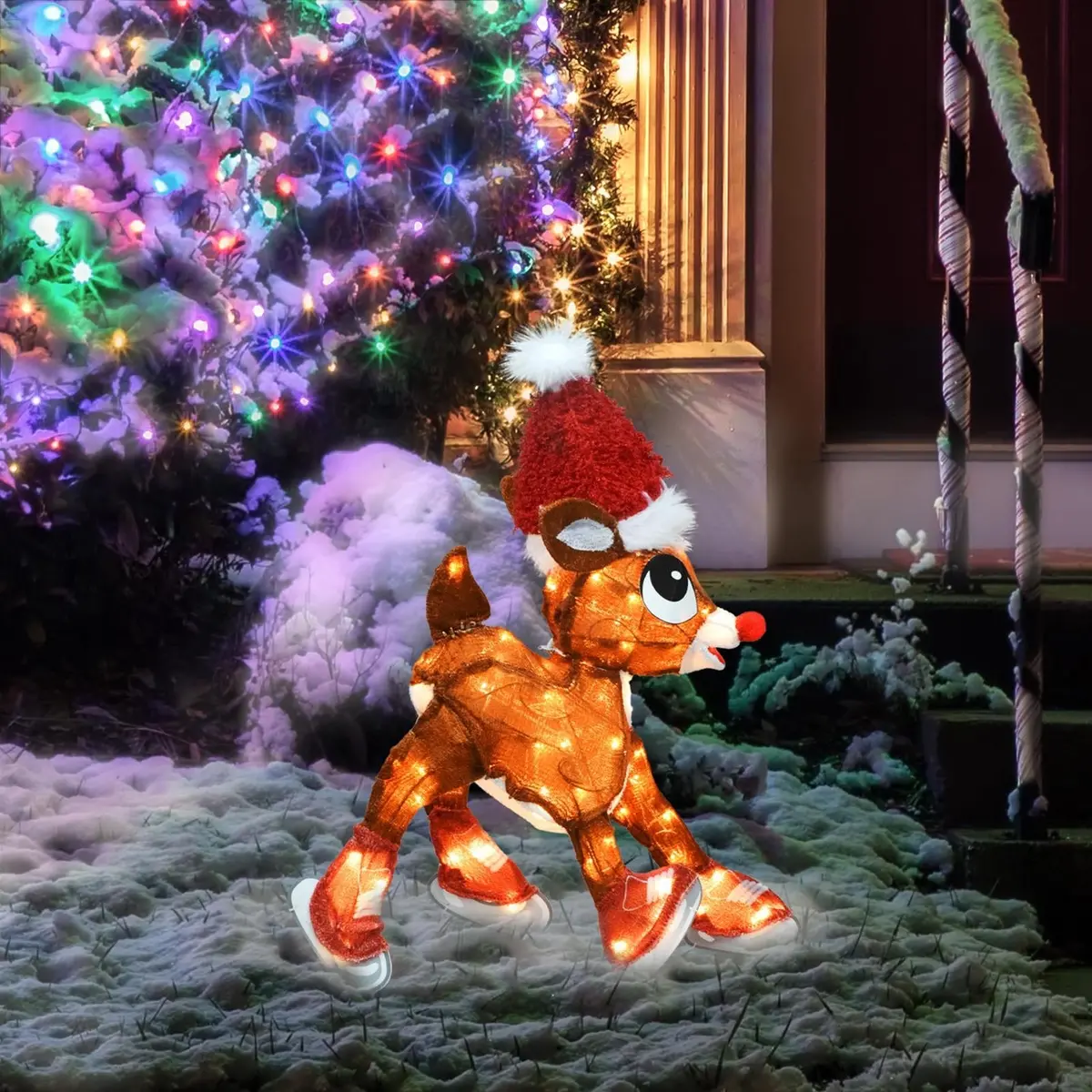 24" Rudolph The Red-Nosed Reindeer Ice Skating Led 3-Dimensional Tinsel Sculpture 1