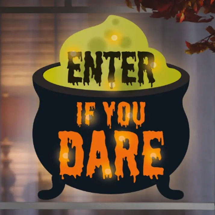 Pre-Lit Shimmer Enter If You Dare Cauldron Halloween Silhouette Decoration 1