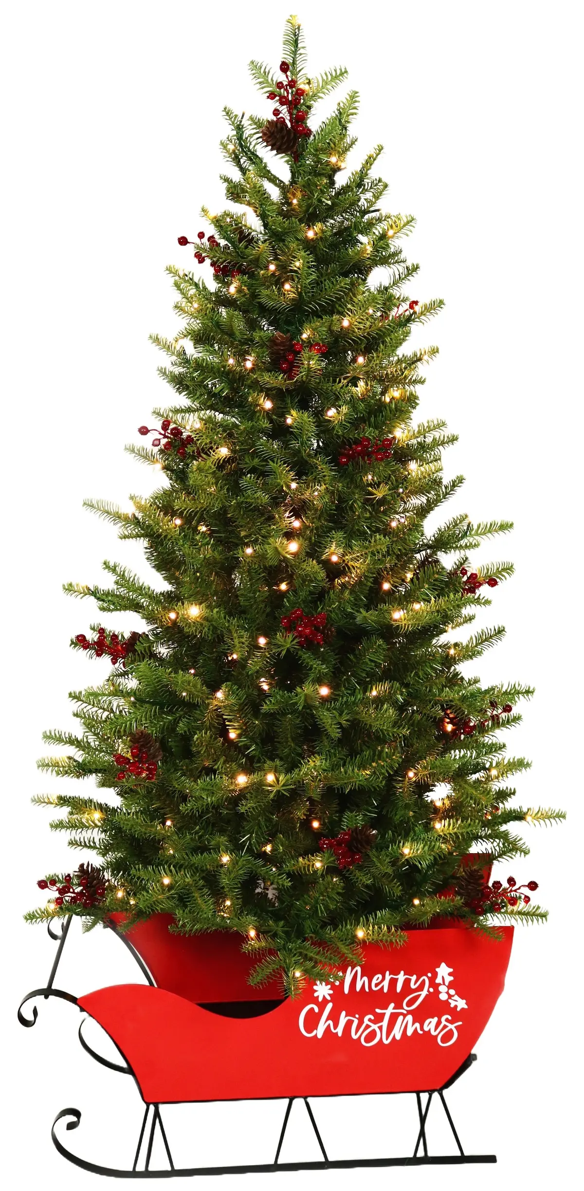 5' Green Mountain Fir Artificial Christmas Tree With Starry Lights In A Red Sleigh 1