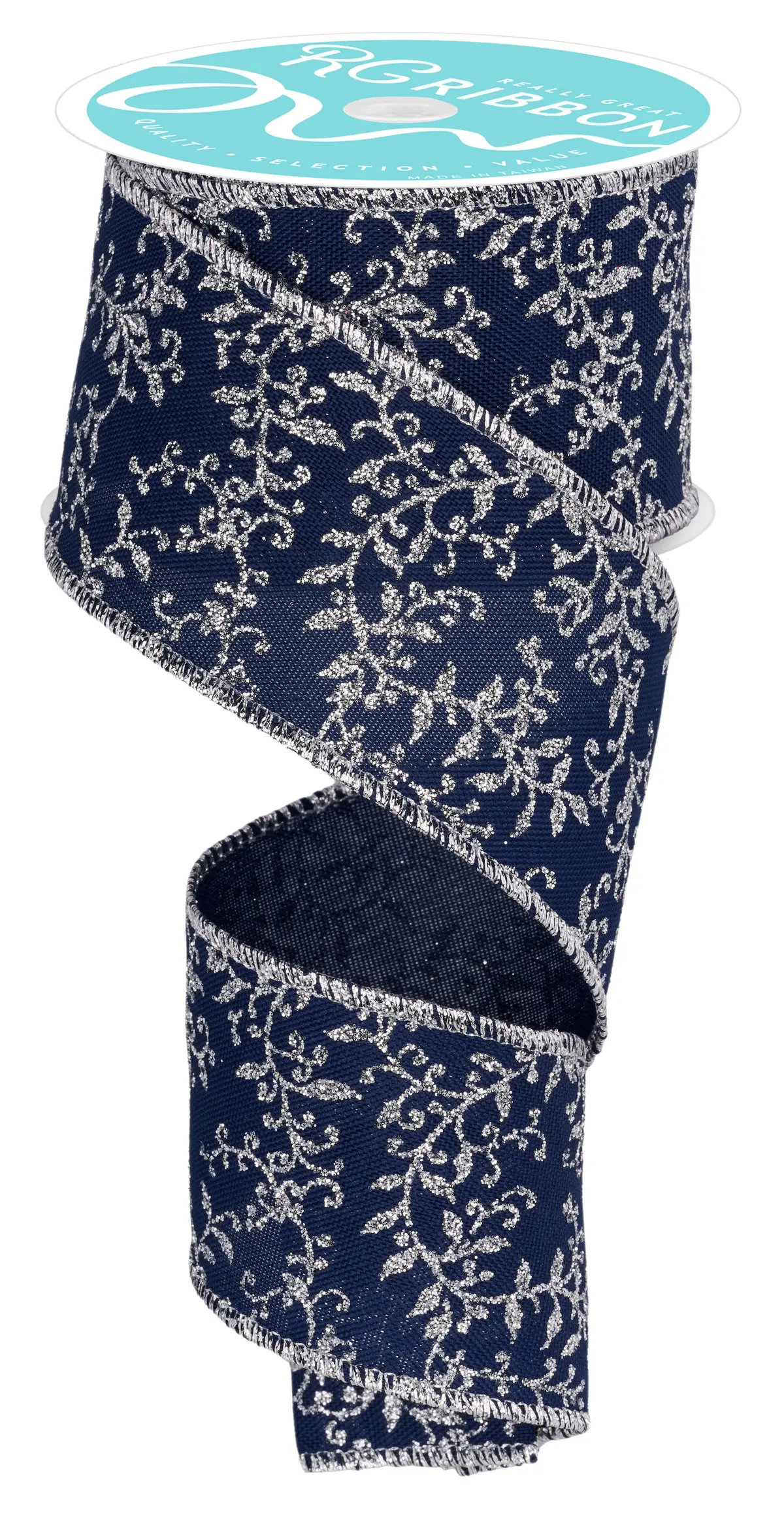 10 Yards Of Navy Blue & Silver Glitter Vine Ribbon 1
