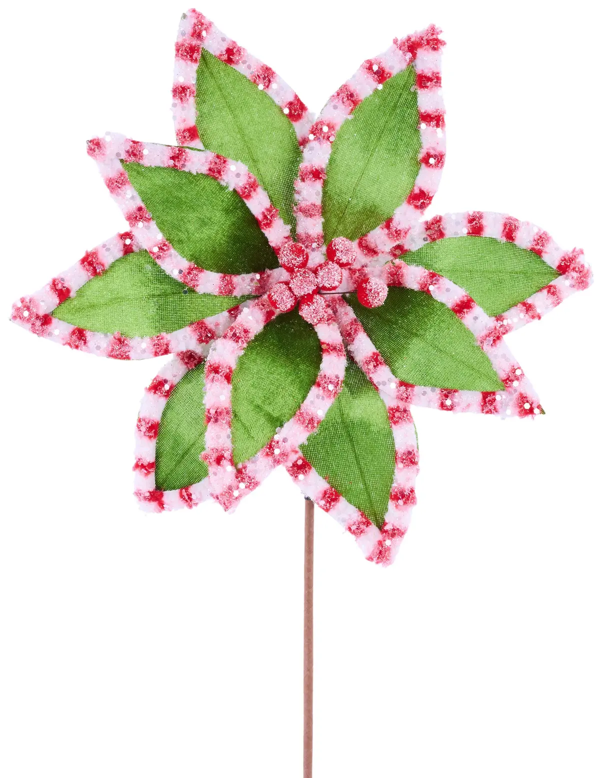 20" Pink, Red & Green Glitter Candy Poinsettia Stem 1