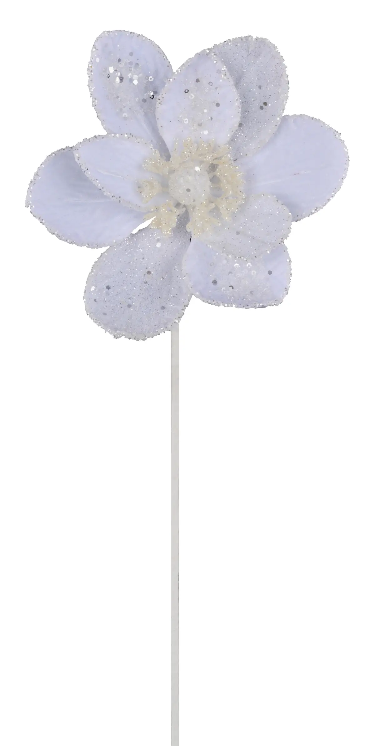 7" White Velvet Glitter Beaded Edge Magnolia Stem 1