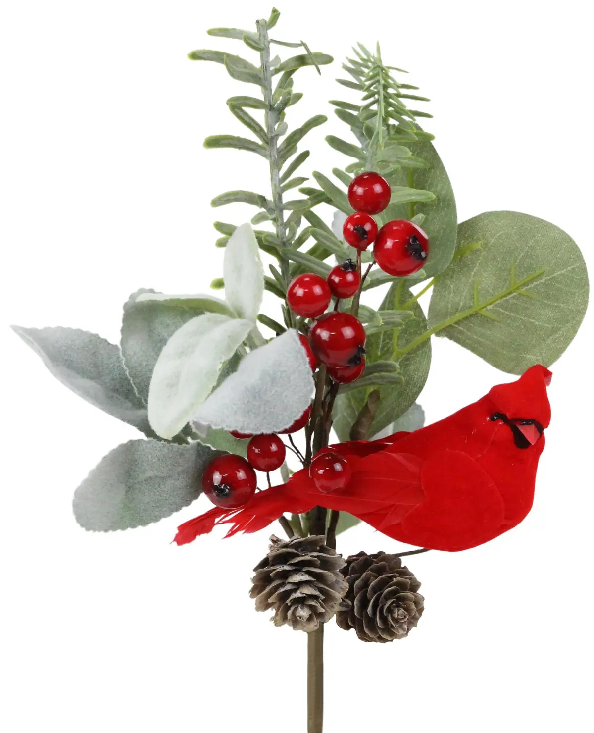 10" Eucalyptus Pick Spray With Berries, Cardinal And Pine Cones 1
