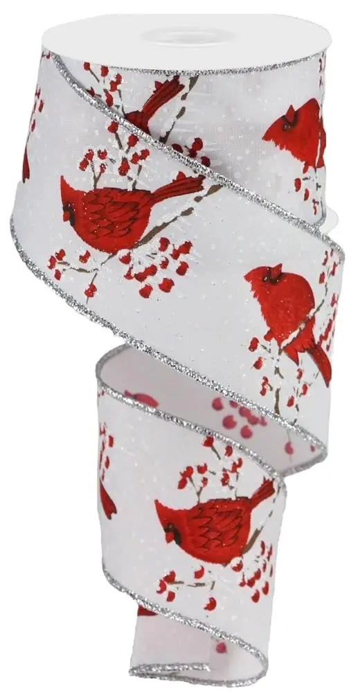 10 Yards Of Cardinal, Branches & Berries On White Ribbon 1