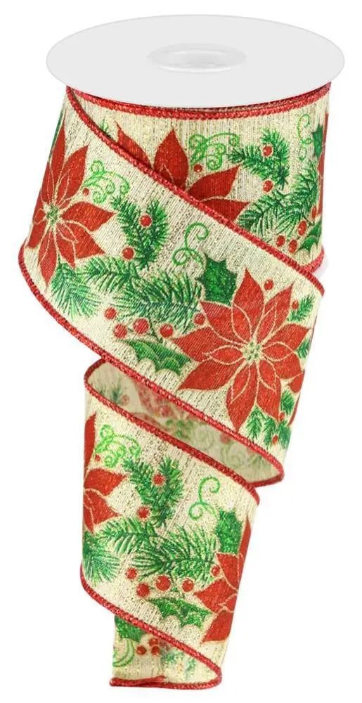 10 Yards Of Poinsettias, Pine Cones & Berries On Gold Ribbon 1