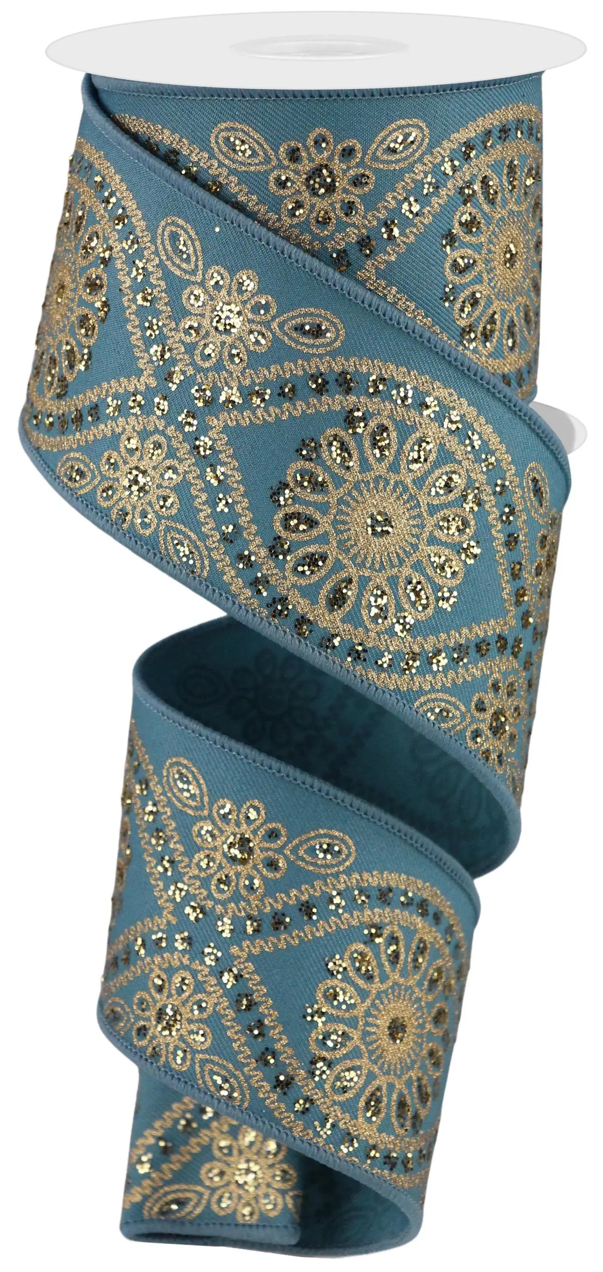 10 Yards Of Smoke Blue & Gold Deluxe Wavy Floral Ribbon 1