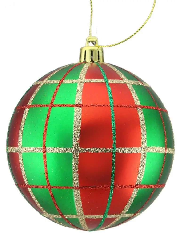 100Mm Red, Emerald & Gold Painted Plaid Glitter Ornament 1
