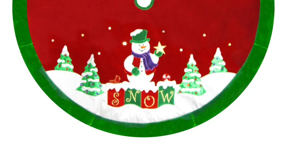 48" Red Velvet Metallic Embroidered Snowman Christmas Tree Skirt With Green Border 2
