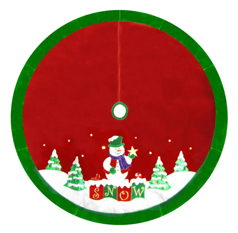 48" Red Velvet Metallic Embroidered Snowman Christmas Tree Skirt With Green Border 1