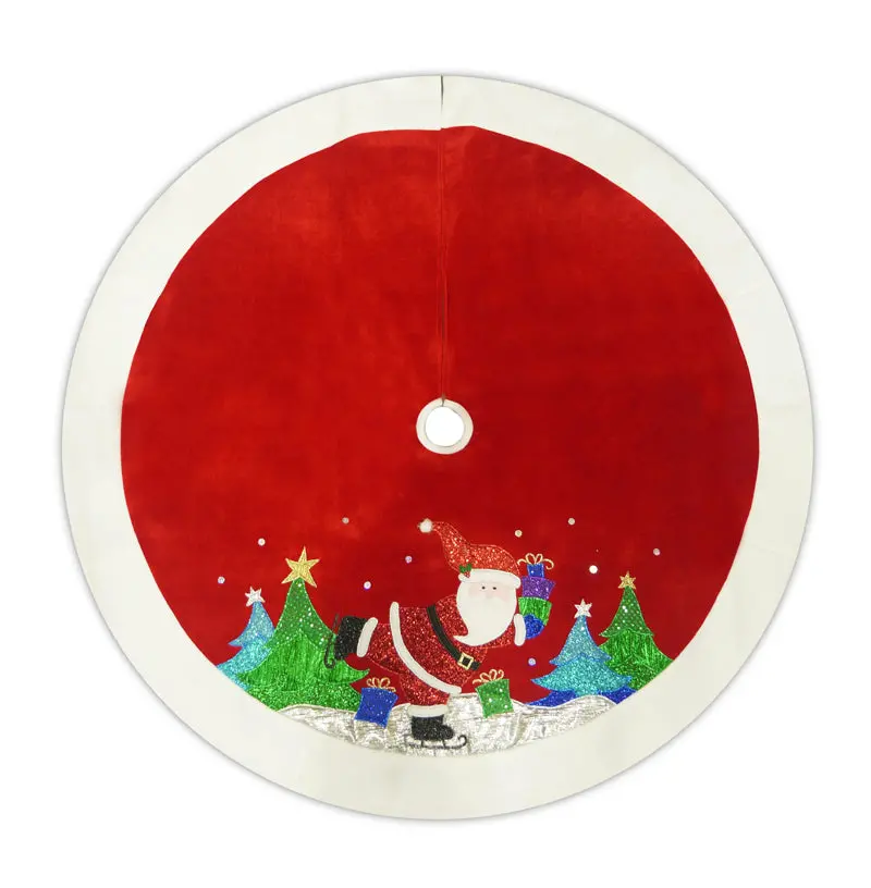 48" Red Velvet Metallic Embroidered Ice Skating Santa Christmas Tree Skirt 1