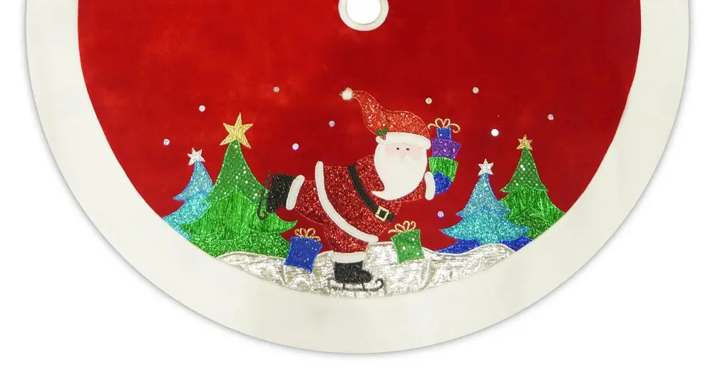 48" Red Velvet Metallic Embroidered Ice Skating Santa Christmas Tree Skirt 2