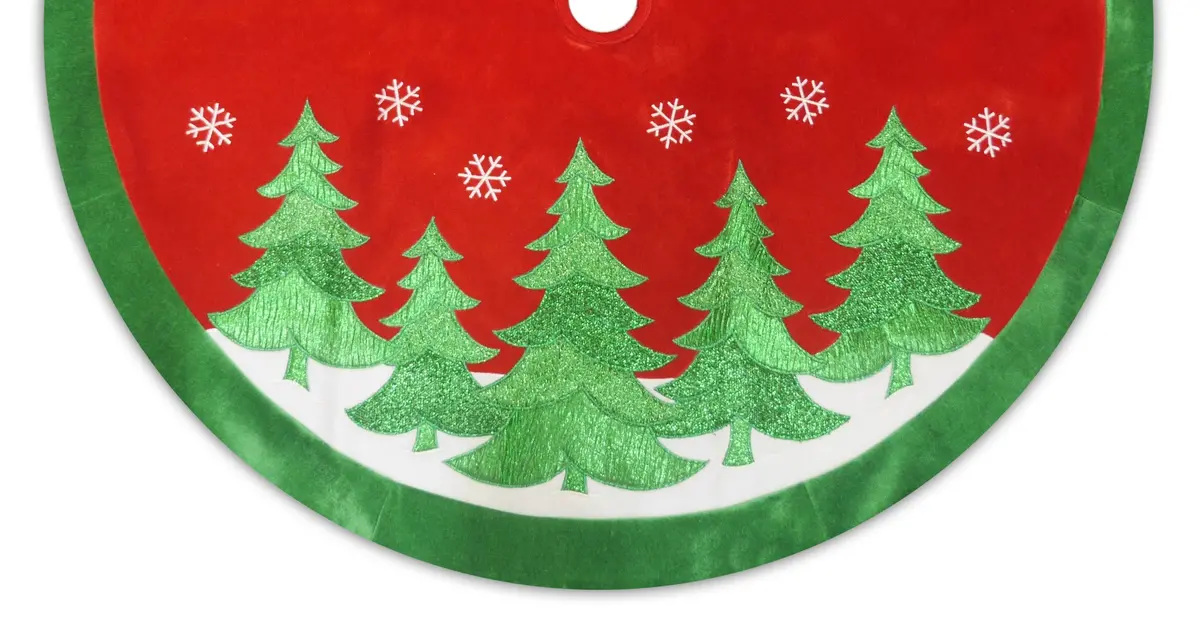 48" Red Velvet Christmas Tree Skirt With Green Appliqued Trees 2
