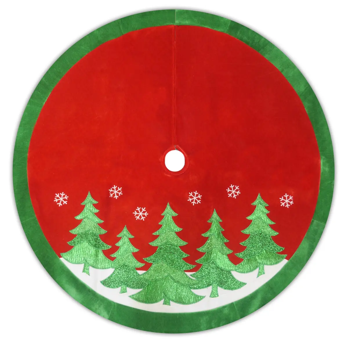 48" Red Velvet Christmas Tree Skirt With Green Appliqued Trees 1