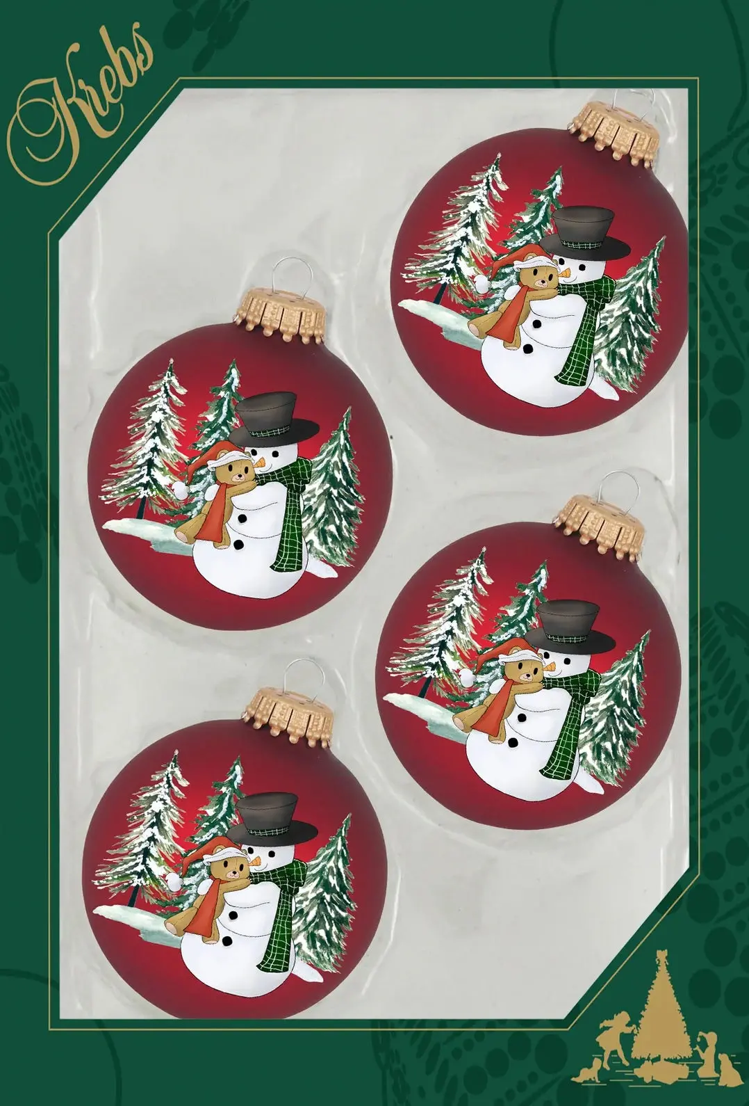 Set Of 4 Port Velvet Glass Ball Ornaments With Snowman Hugging Bear 1