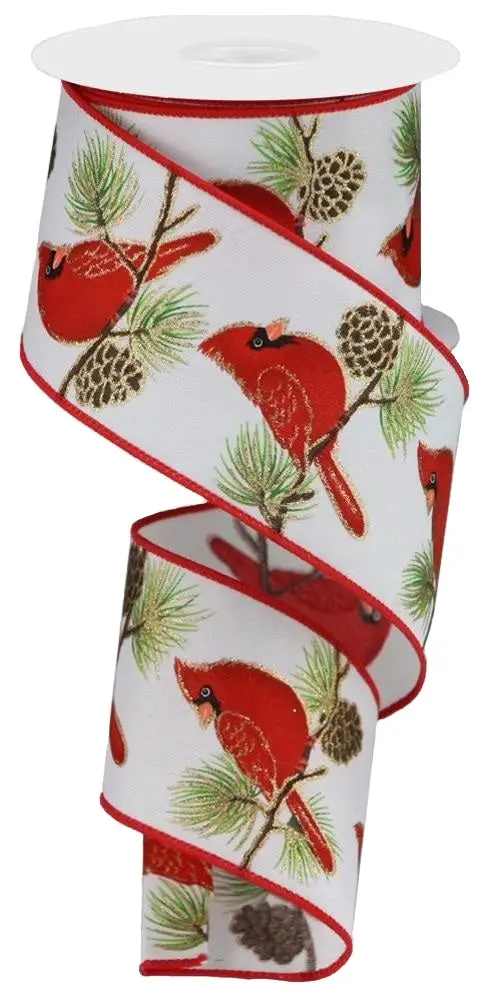 10 Yards Of Cardinals On Branches Pongee Ribbon 1