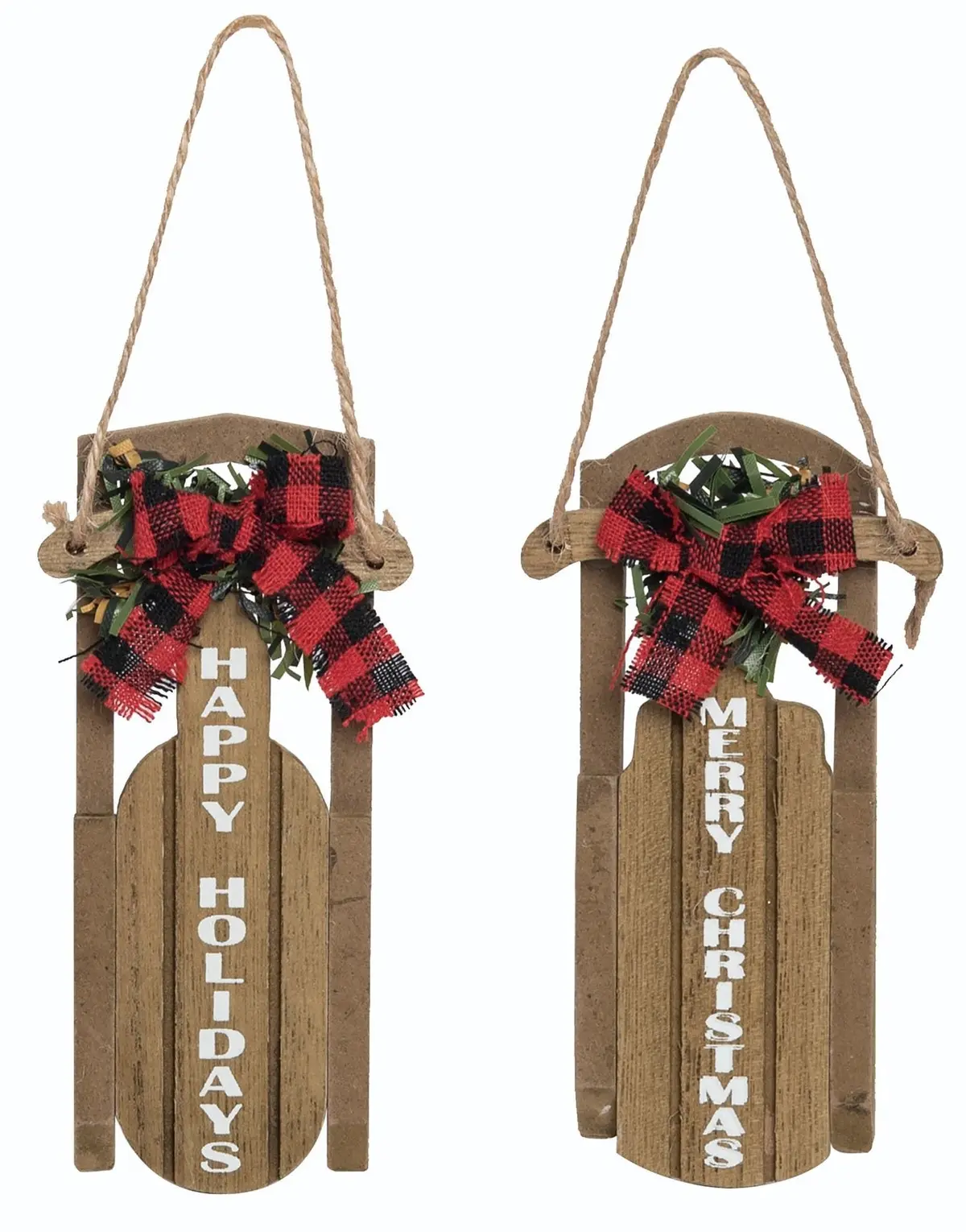 4.75" Wooden Plaid Christmas Sleigh Ornament 1