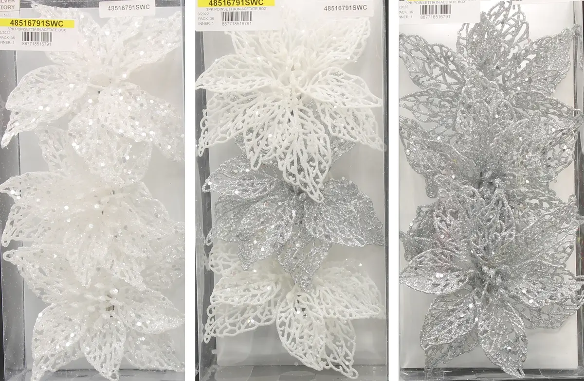 3-Pack Of Glitter Poinsettia Silhouette Ornaments (White/Silver) 1