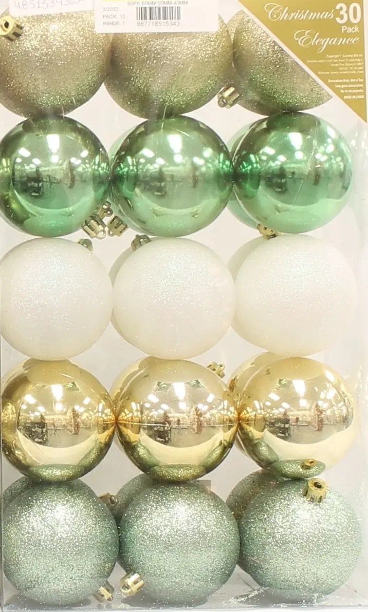 30-Pack Of 70Mm Christmas Ornaments (Gold/Green/White) 2