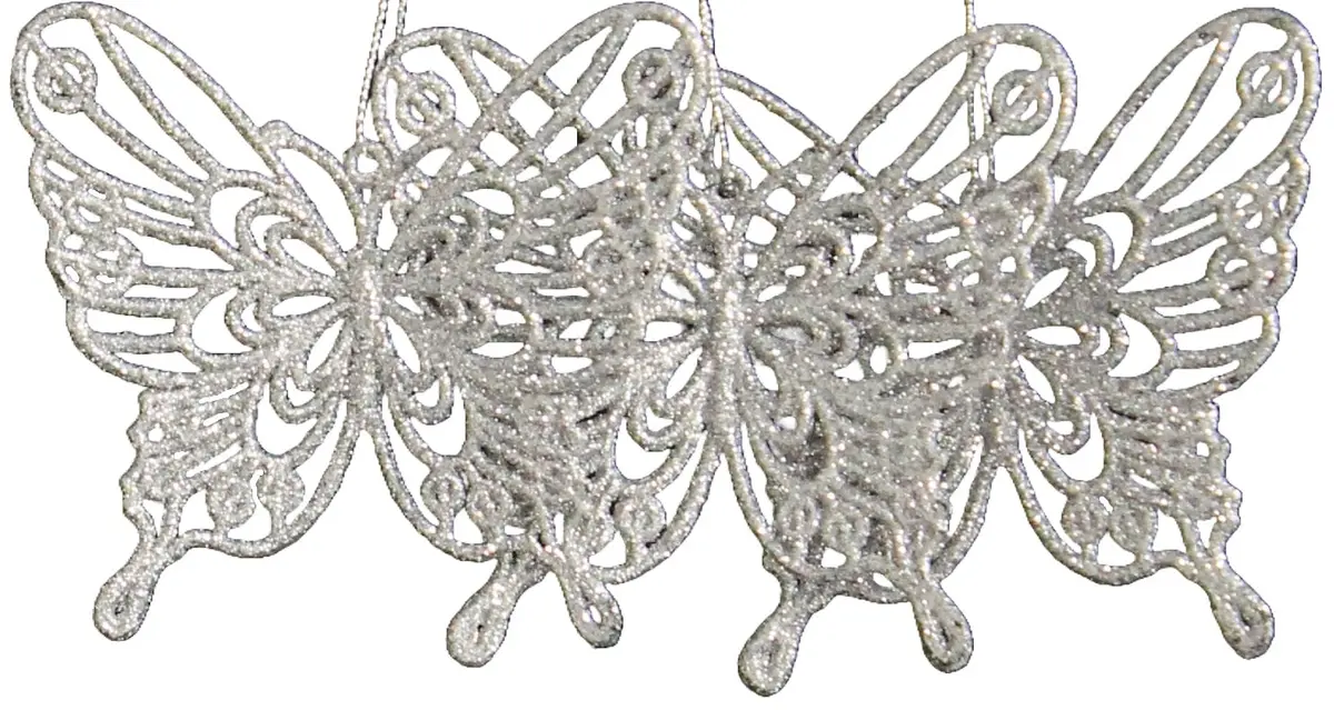 3-Pack Of Glitter Butterfly Ornaments (White/Silver) 2