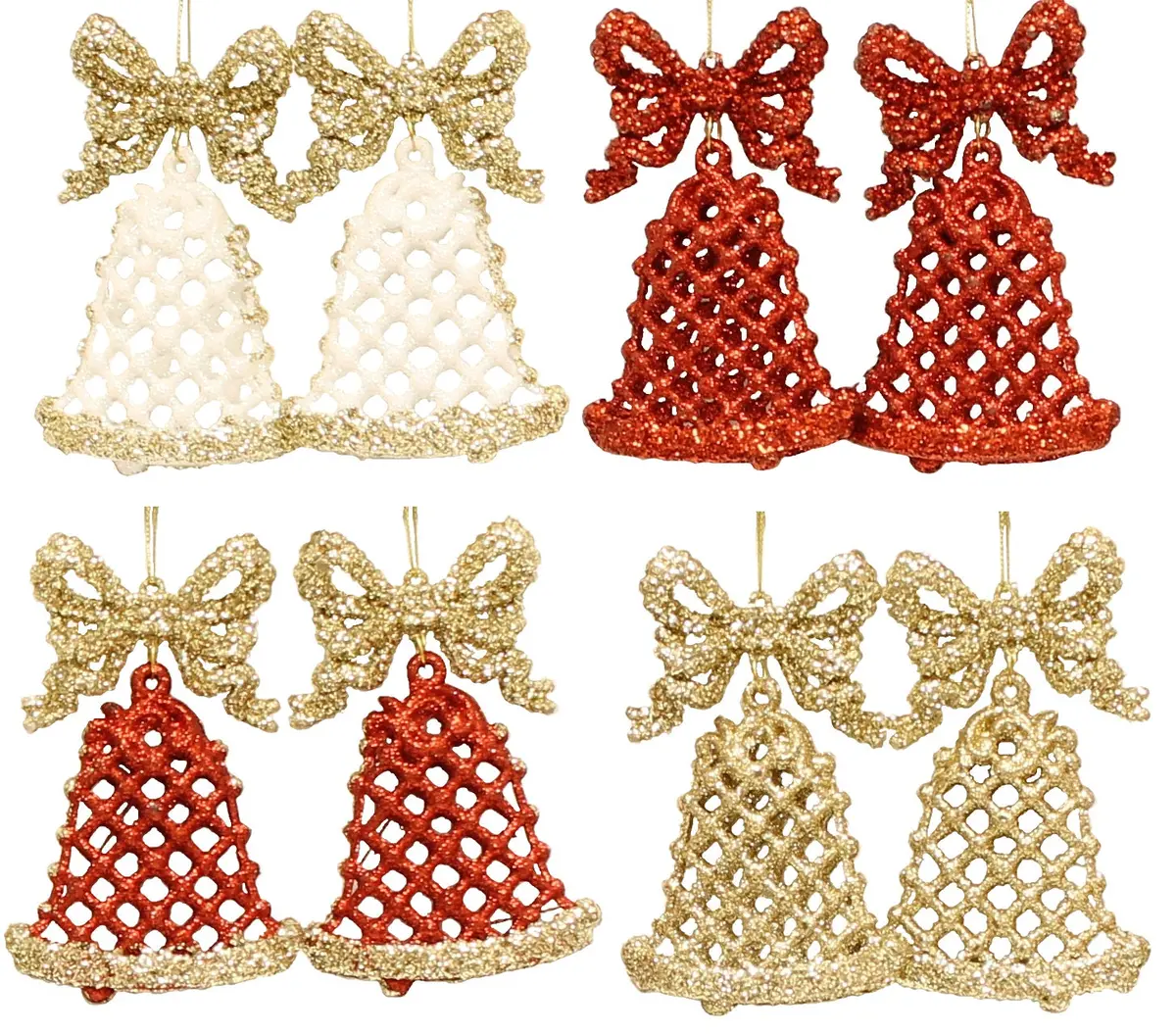 2-Pack Of Glitter Bell Ornaments (White/Red/Gold) 1