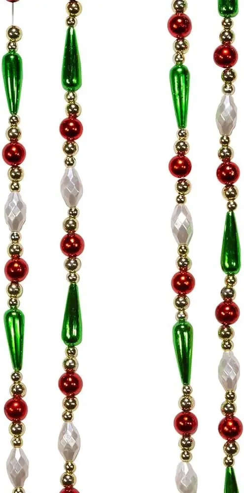 9' Gold, Red, Green And White Round Bead With Water Drop Beaded Garland 1