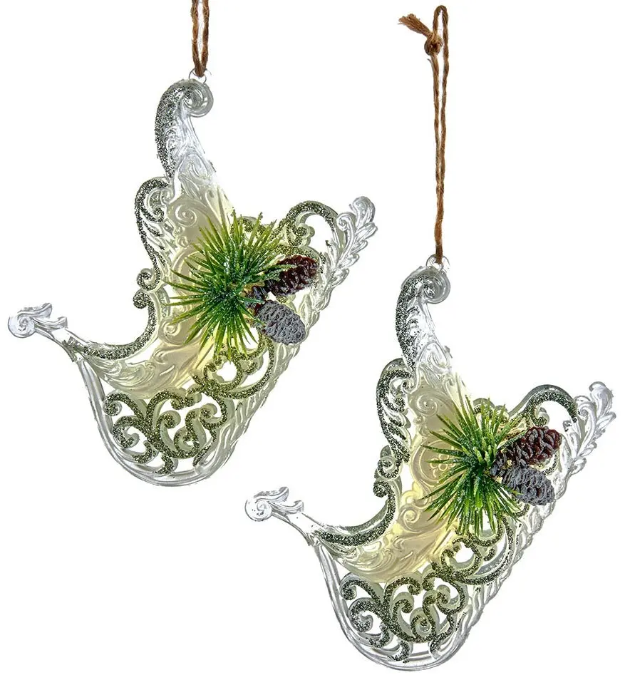 4.3" Clear, Ivory And Sage Sled With Pine Cone Ornament 1
