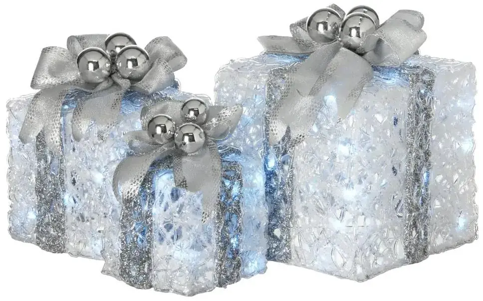 Set Of 3 Glittered White Gift Boxes With 70 Cool White Twinkle Led Lights 1