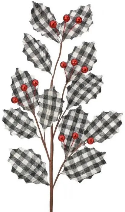 27" Country Buffalo Check Holly Pick Spray With Red Berries 1
