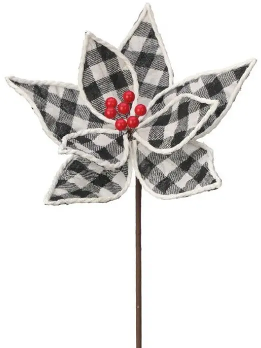 24" Country Buffalo Check Poinsettia Pick Spray With Red Berries 1