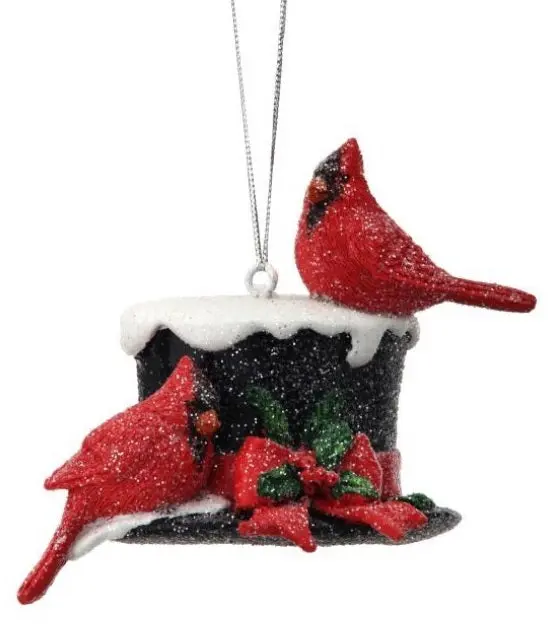 3" Resin Cardinals On Snowy Top Hat Ornament 1