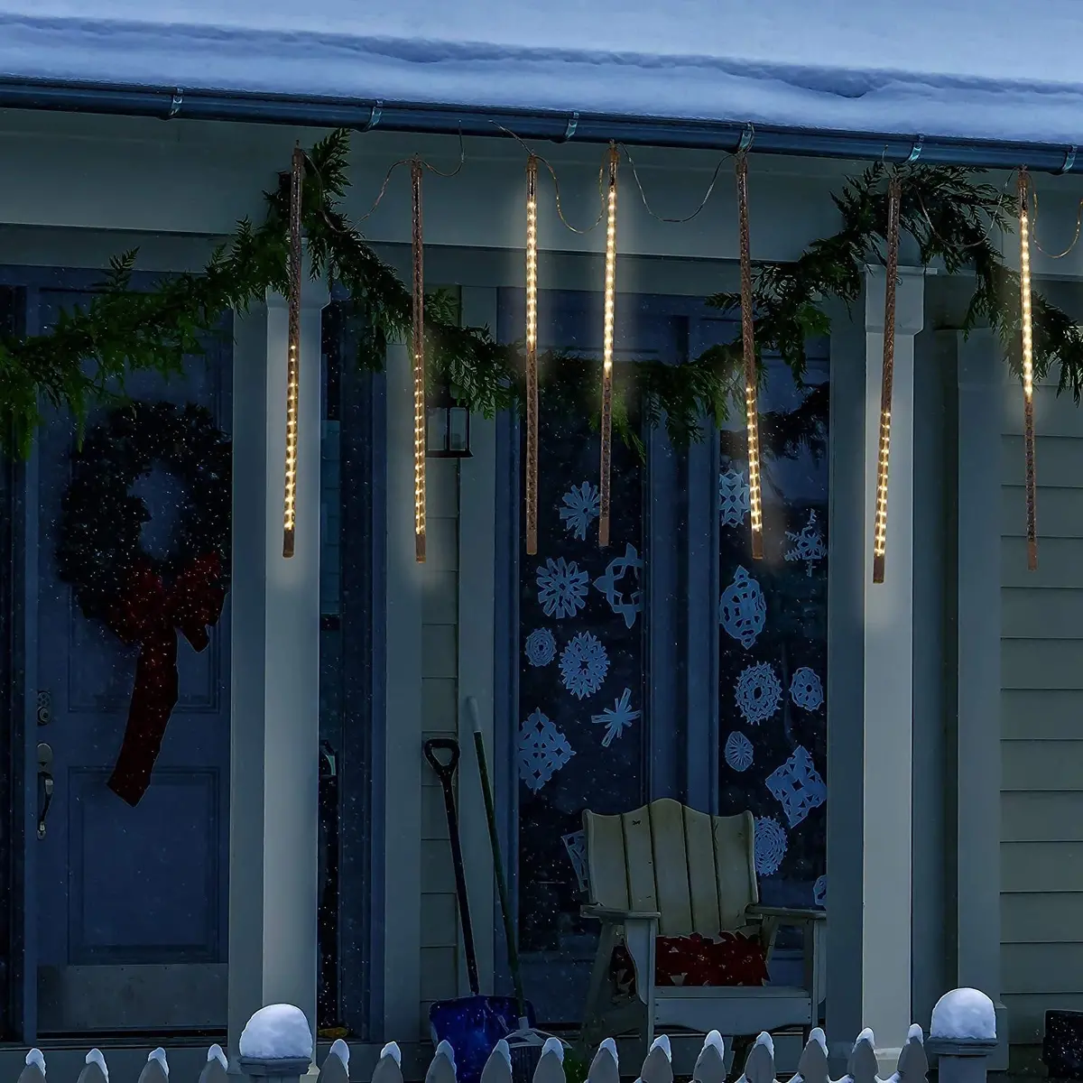 Set Of 10 Hanging Icicle Lights With Chasing Warm White Led Lights 1