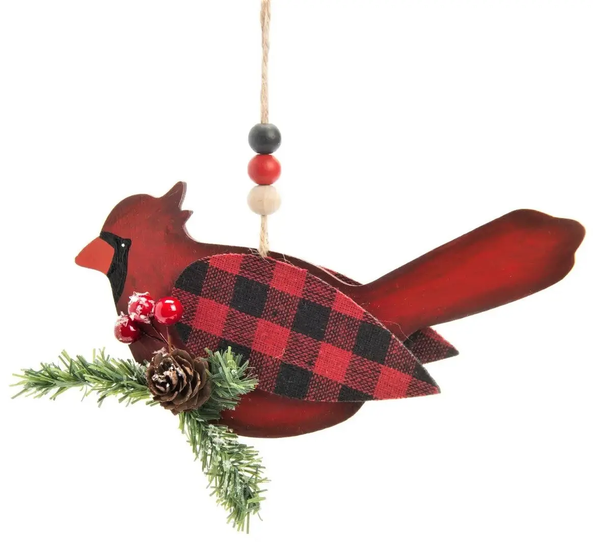 6" Black And Red Buffalo Check Cardinal Ornament 1