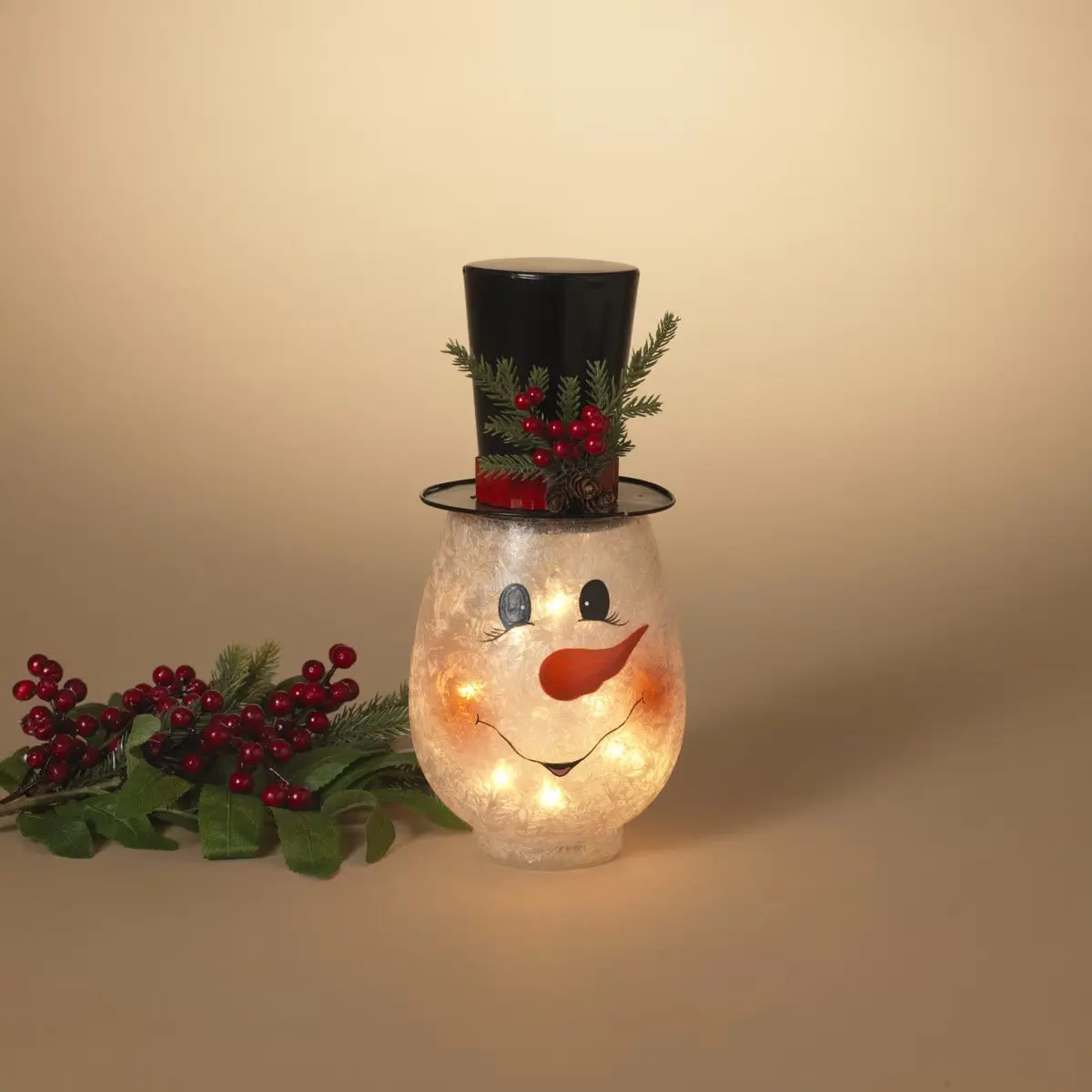 11" Lighted Metal & Frosted Glass Snowman Head With Pine & Berry Accent 2