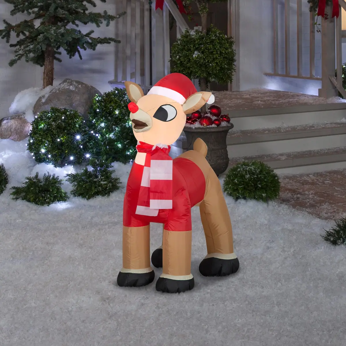 3.5' Gemmy Airblown® Inflatable Rudolph The Red-Nosed Reindeer In Santa Hat And Scarf 1