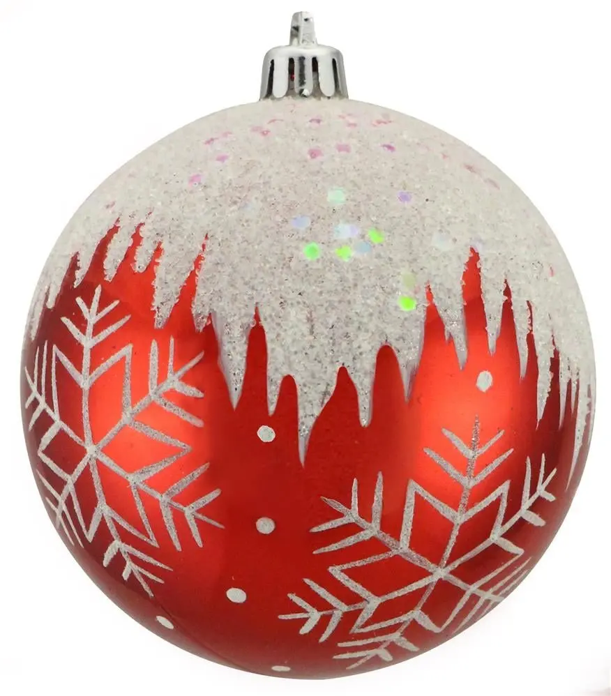 100Mm Vacuum Plated Shiny Red Ball Ornament With White Glitter Snowflakes 1