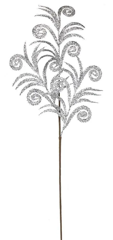 35" Silver Glittered Swirl Palm Spray 1