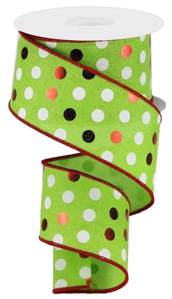 10 Yards Of Lime Green Royal Burlap Ribbon With Metallic Polka Dots 1