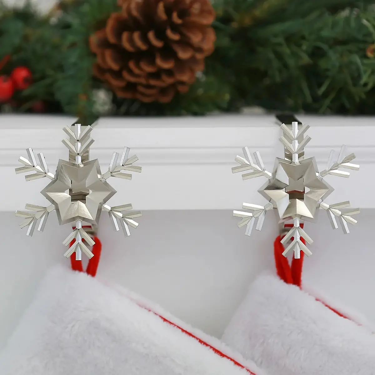 The Original Mantleclip® Stocking Holder With Removable Metal Holiday Icons, 2 Pack - Silver Snowflakes 1