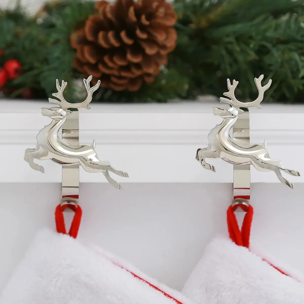 The Original Mantleclip® Stocking Holder With Removable Metal Holiday Icons, 2 Pack - Silver Reindeer 1
