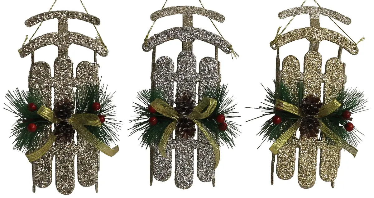 Rustic Glitter Sled Ornaments (Champagne/Gold/Silver) 1