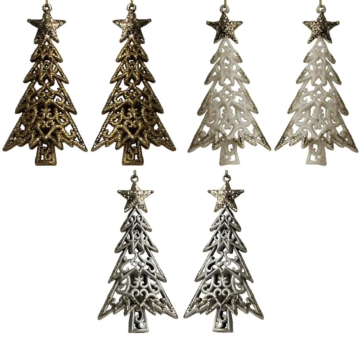 2-Pack Of Shatterproof Glitter Tree Shaped Ornaments (Gold/White/Silver) 1