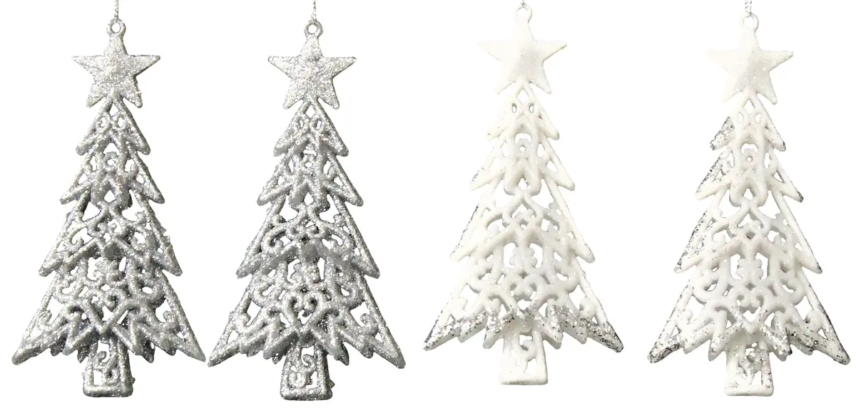2-Pack Of Shatterproof Glitter Tree Shaped Ornaments (Silver/White) 1