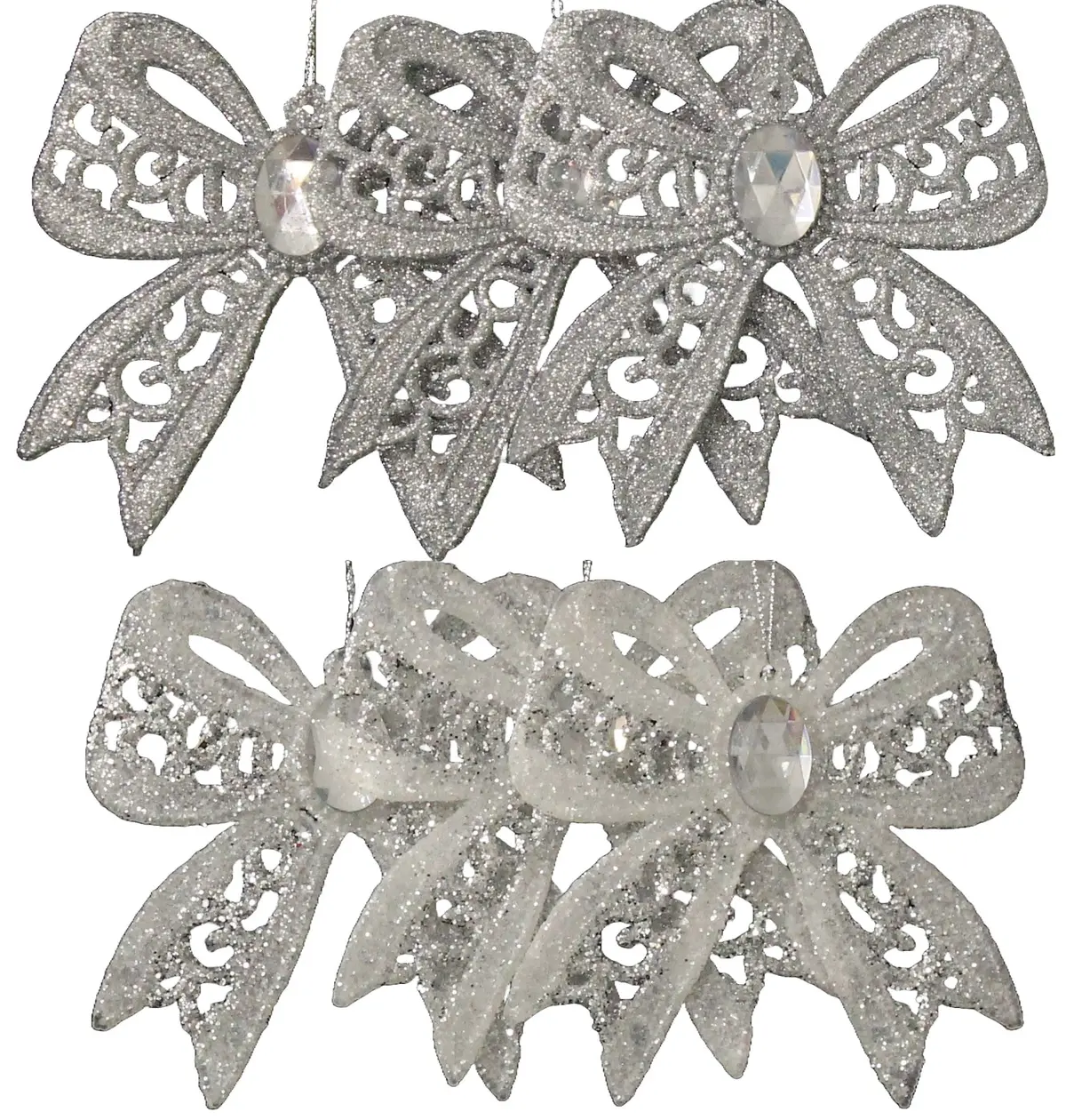 3-Pack Of Silver & White Glitter Bow Ornaments 1