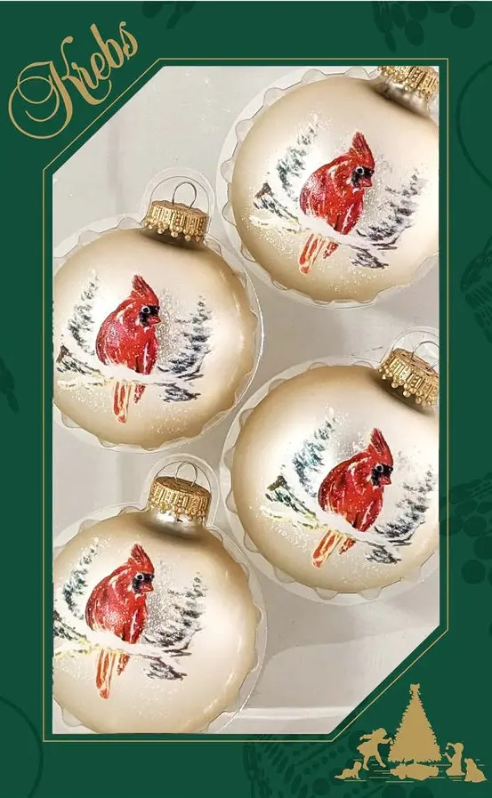 4-Pack Of Oyster Velvet Glass Ball Ornaments With Vintage Watercolor Cardinals 1