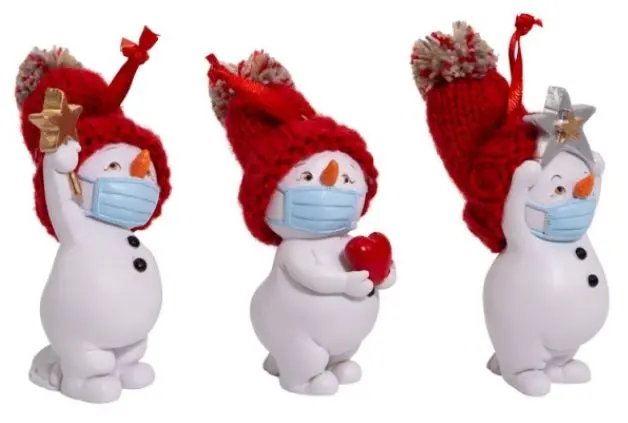 Snowmen Wearing Mask Holding Heart And Star Ornament 1