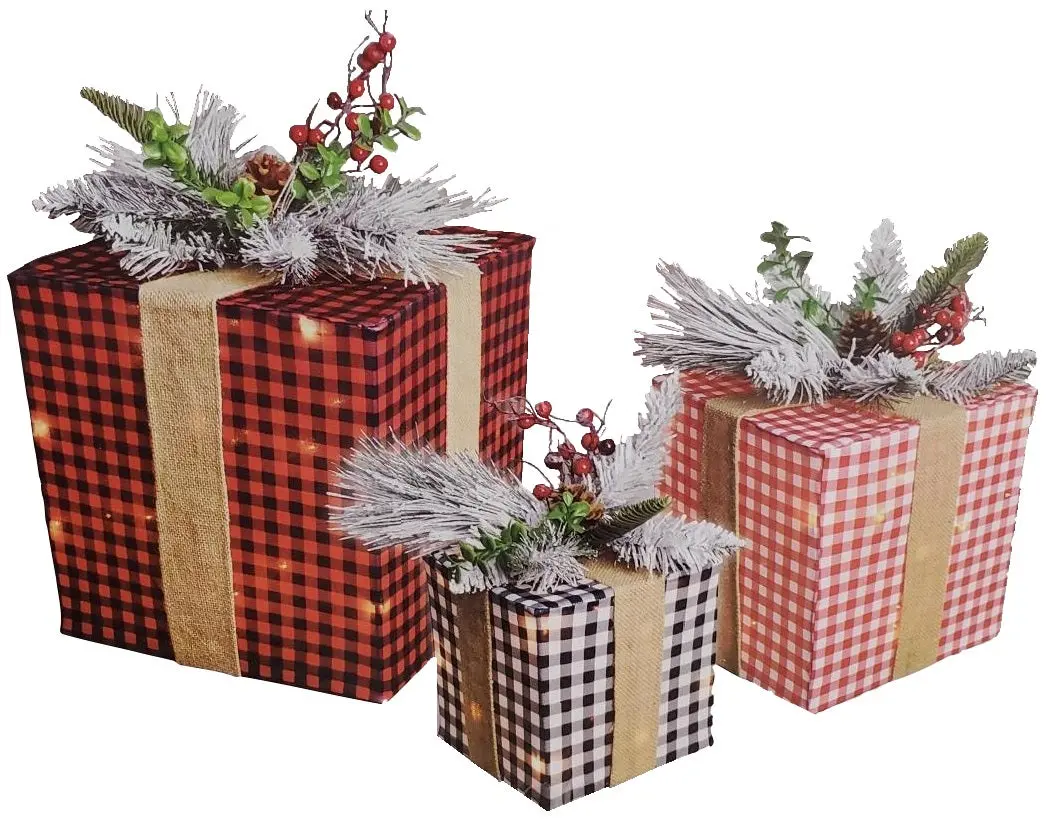 3-Piece Lighted Plaid Gift Box Decorations 1