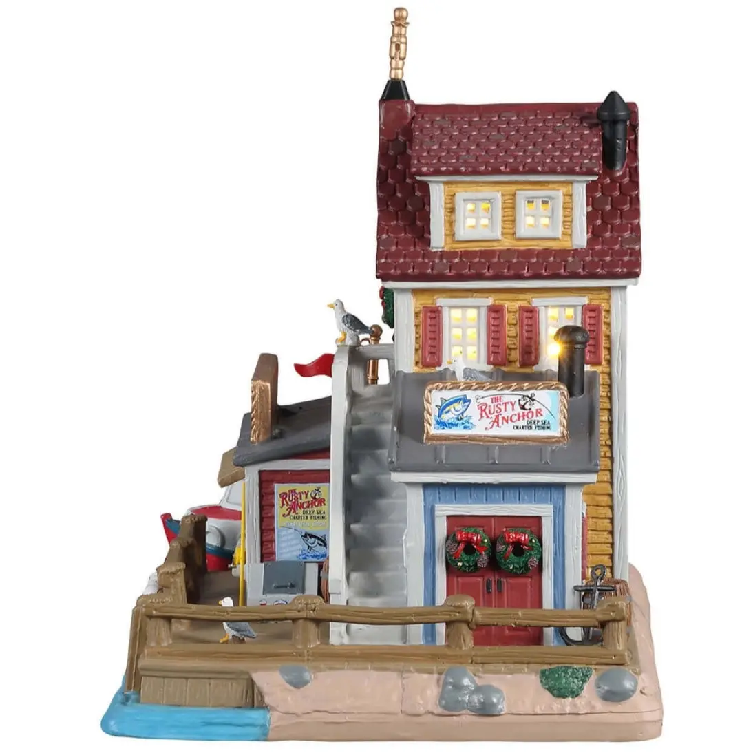 Lemax Plymouth Corners Lighted Building: The Rusty Anchor Deep Sea Charter Fishing #15755 2