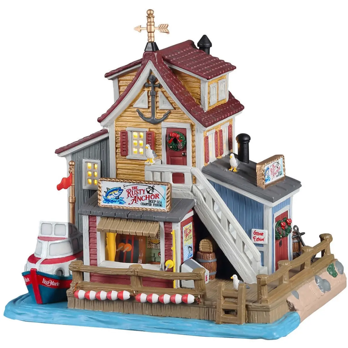 Lemax Plymouth Corners Lighted Building: The Rusty Anchor Deep Sea Charter Fishing #15755 1