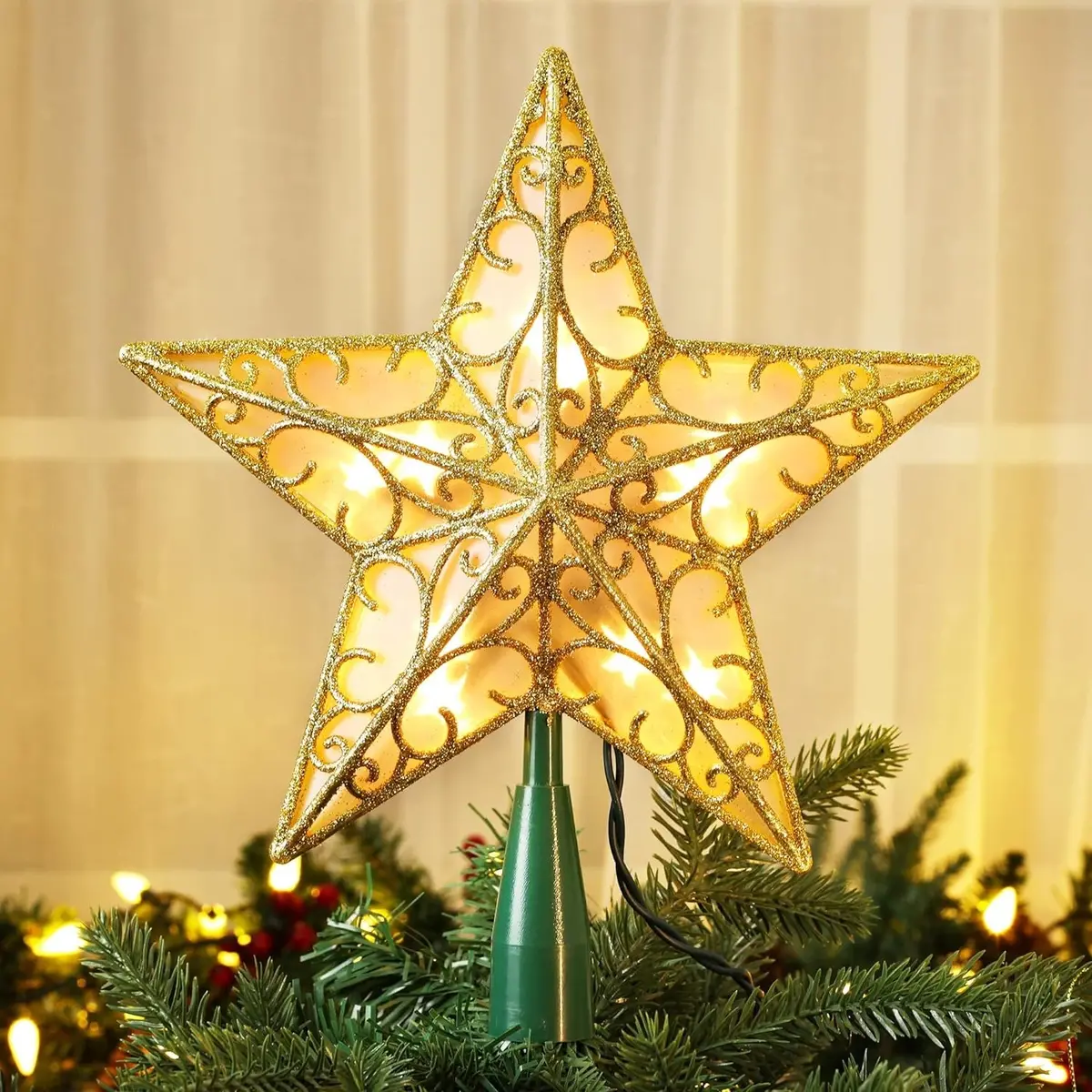 9" Pre-Lit 3D Gold Star Tree Topper 1
